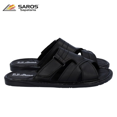 Chinelos pretos de pele para homem com tiras cruzadas e sola preta