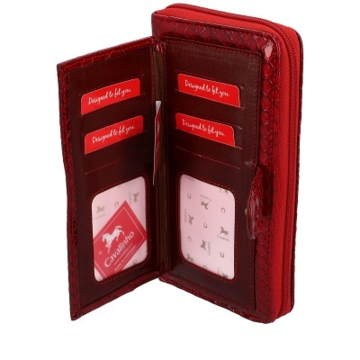 Carteira vermelha textura crocodilo com interiores para cartões e fecho zipper