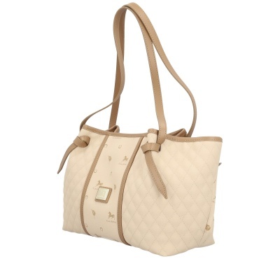 Mala de ombro bege com padrão acolchoado e detalhes castanhos, com alças duplas e estampado Cavallinho