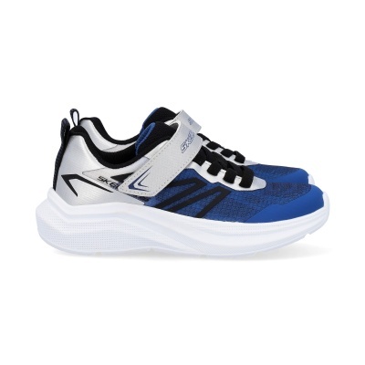 Ténis desportivos azul, branco, preto e cinza da marca Skechers com fecho de velcro