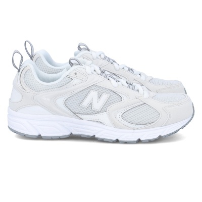 Ténis New Balance cinza claro com logo N e sola branca