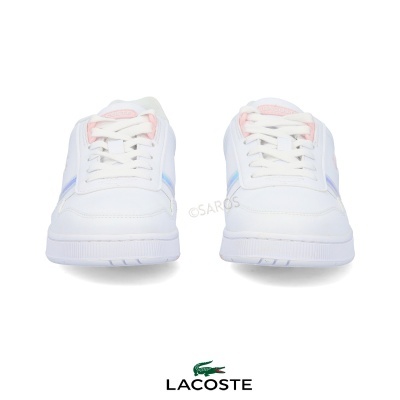 Par de sapatilhas desportivas brancas Lacoste com detalhes em azul e rosa