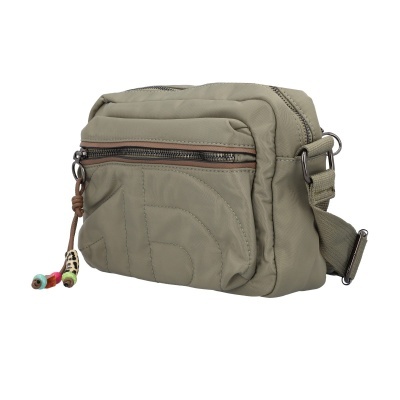 Mala pequena bege com fecho de correr castanho e alça ajustável