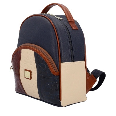 Mochila azul escura com detalhes castanhos e bege