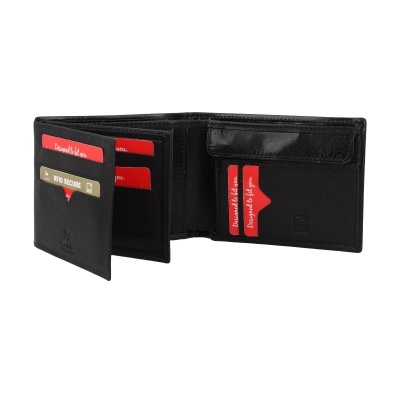 Carteira em couro preto aberta com cartões vermelhos e cartão RFID SECURE no interior.