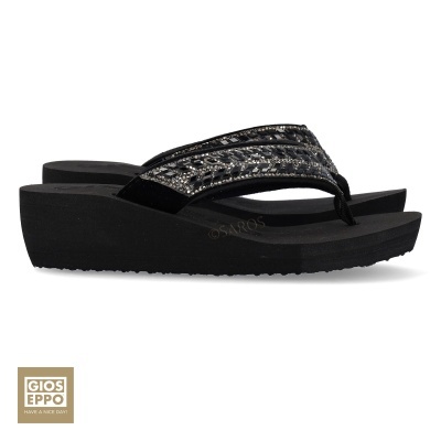 Sandálias de cunha pretas com tiras decoradas brilhantes da marca Gioseppo