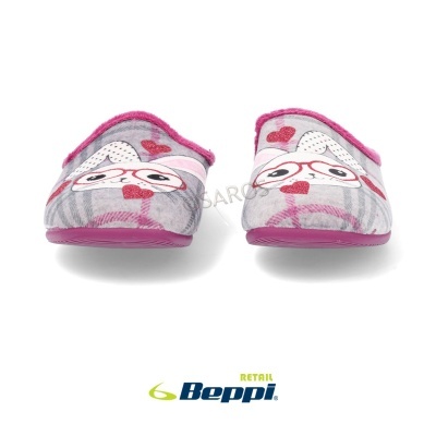 Chinelos infantis cinzentos e rosa com panda de óculos e corações