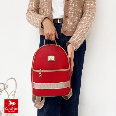 Mochila vermelha e bege com logótipo Cavalinho e alça ajustável