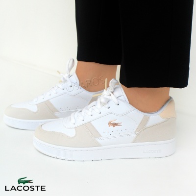 Sapatos desportivos Lacoste brancos e bege claro com logótipo do crocodilo castanho