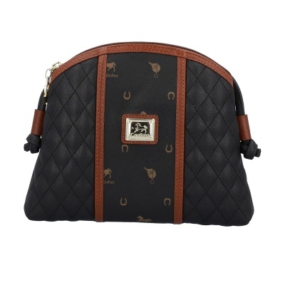 Bolsa necessaire preta com riscas castanhas e placa metálica Cavalinho