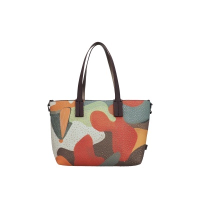 Mala de mão tipo tote com padrão abstrato colorido e alças castanhas