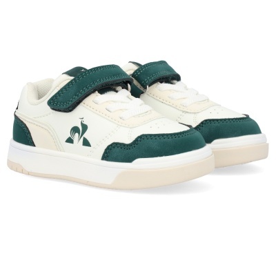 Sapatilhas infantis brancas e verdes com fecho em velcro e logótipo do galo