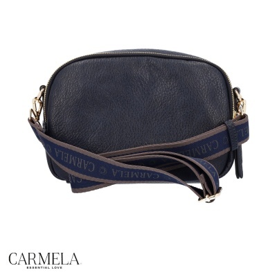 mala tiracolo azul escuro couro com alça logótipo Carmela