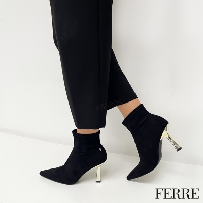 Botins pretos de salto alto metálico dourado