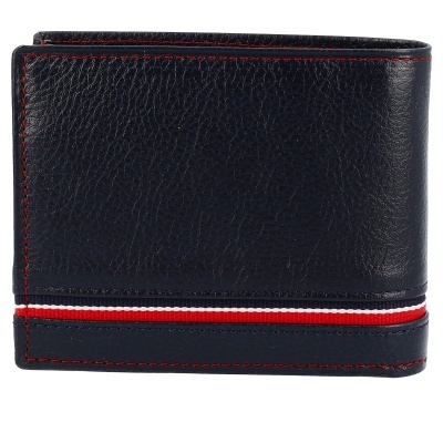 Carteira masculina preta com costuras vermelhas e fita azul, branca e vermelha