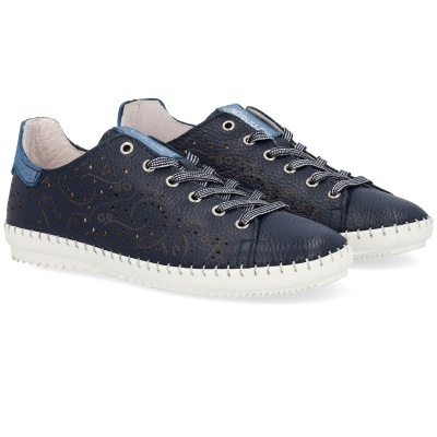 Sapatilhas em pele azul escuro com atacadores cinza e sola branca