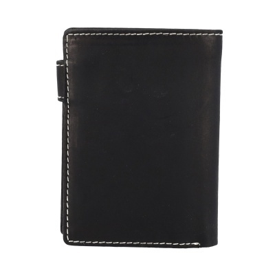 Carteira masculina em pele preta com costura branca