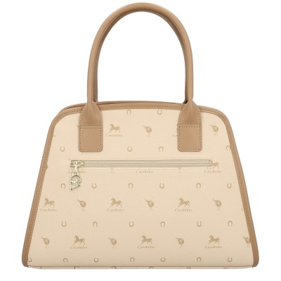 Mala de mão bege com padrão de cavalos e ferraduras