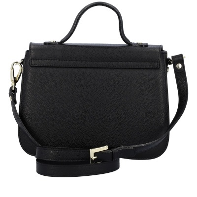 Mala preta de mão em couro com alça ajustável e fecho metálico dourado
