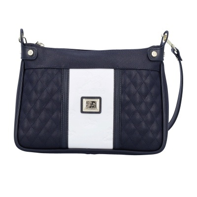 Mala de ombro azul escuro com faixa branca e placa metálica Cavallinho