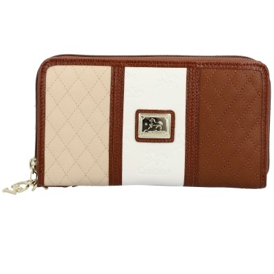 Carteira castanha, bege e branca com padrão matelassê e placa metálica Cavalinho