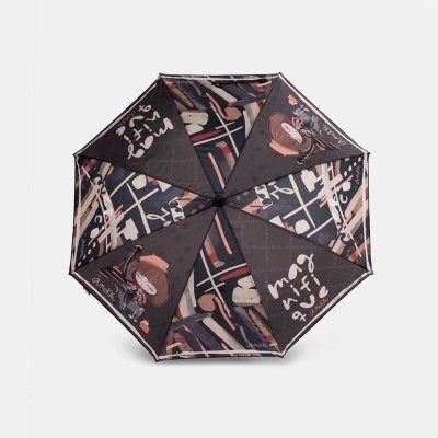 Guarda-chuva aberto com estampa abstrata e texto DANIEL K