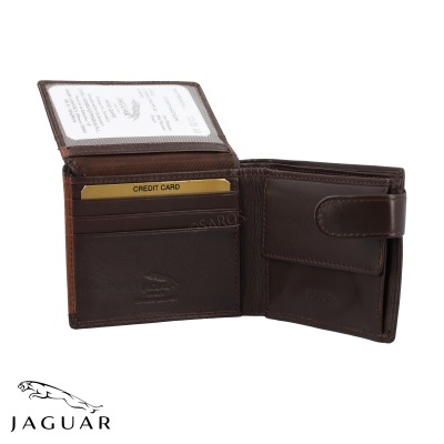 Carteira de couro castanho escuro aberta mostrando compartimentos e cartão amarelo com texto