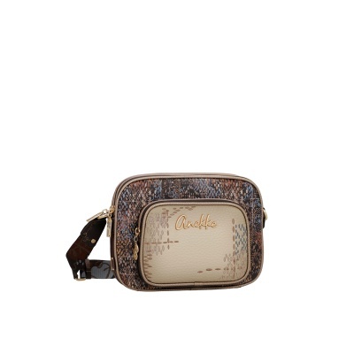 Bolsa de ombro com padrão multicolorido e bolso frontal bege com texto dourado
