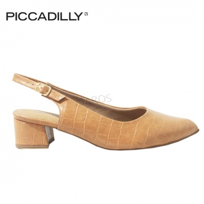 Sapato feminino bege claro com salto baixo e textura imitando pele de crocodilo