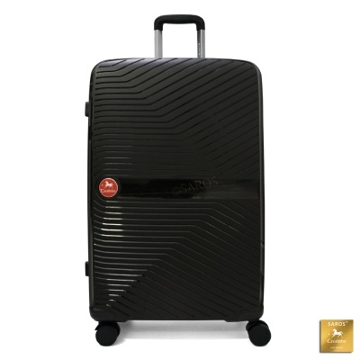Mala de viagem preta rígida com padrão geométrico e puxador telescópico