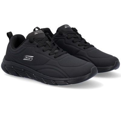 Sapatilhas pretas Skechers BOBS com cadarço e logótipo S branco na lateral.