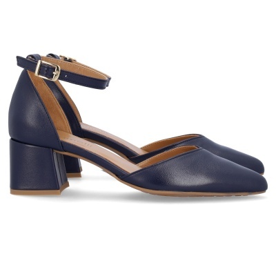 Sapatos de salto médio quadrado azul escuro com alças e fivela