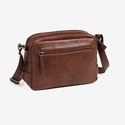 Bolsa castanha de couro com fecho e alça ajustável