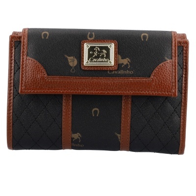 Carteira preta com detalhes castanhos e placa metálica chamada Cavalinho
