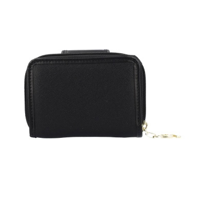 Carteira preta pequena com fecho de correr e corrente dourada