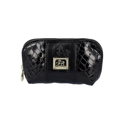 Estojo preto com textura de pele de crocodilo e placa metálica Cavalinho