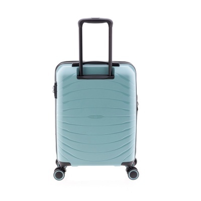Mala de cabine rígida azul claro com rodas e pega telescópica preta