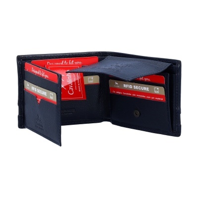 Carteira preta de couro aberta com cartões RFID visíveis