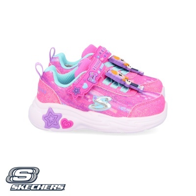 Ténis infantis rosa e lilás com fecho de velcro e detalhes coloridos