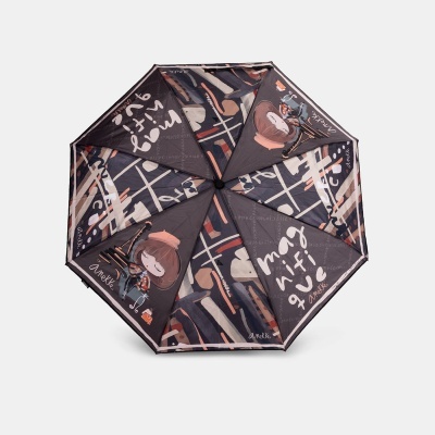 Guarda-chuva preto com padrão gráfico abstrato e texto 'Amek' aberto sobre fundo branco