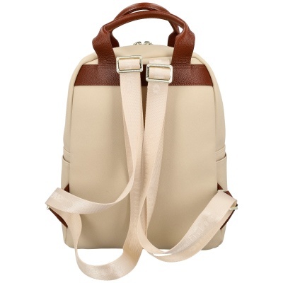 Mochila bege com alças rosa claro e detalhes em couro castanho vista de trás