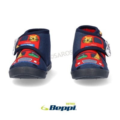 Sapatos infantis azuis com autocarro vermelho e leão amarelo, fecho de velcro