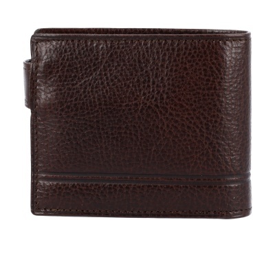Carteira masculina em pele castanha escura com textura granada e costura visível