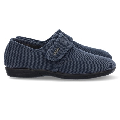 Chinelos de casa azuis de veludo cotelê com fecho de velcro e sola preta