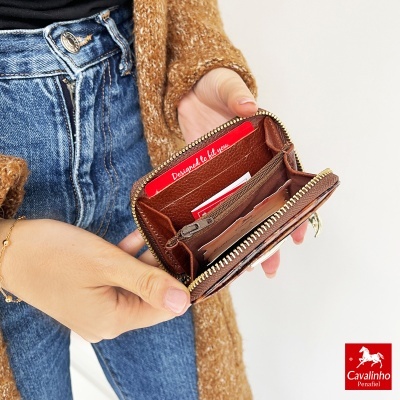 Carteira de couro castanho com fecho dourado e compartimentos internos