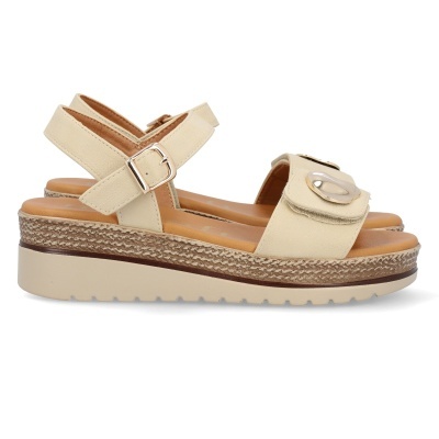 Sandálias de cunha bege com tira ajustável e detalhe em corda na plataforma