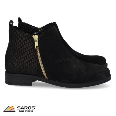 Botas pretas femininas com zíper dourado lateral e padrão de malha no calcanhar