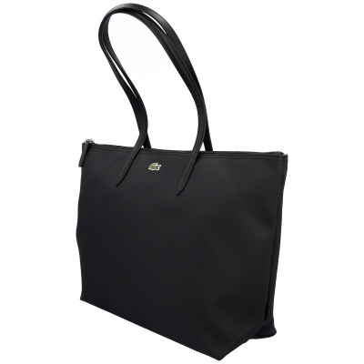 Mala preta com alças finas e logo de crocodilo