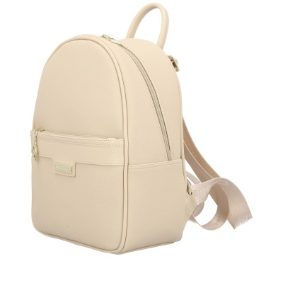 Mochila pequena bege com zíper e bolso frontal