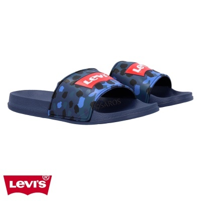 Chinelos Levi's slide azul escuro com estampado preto e logótipo Levi's vermelho